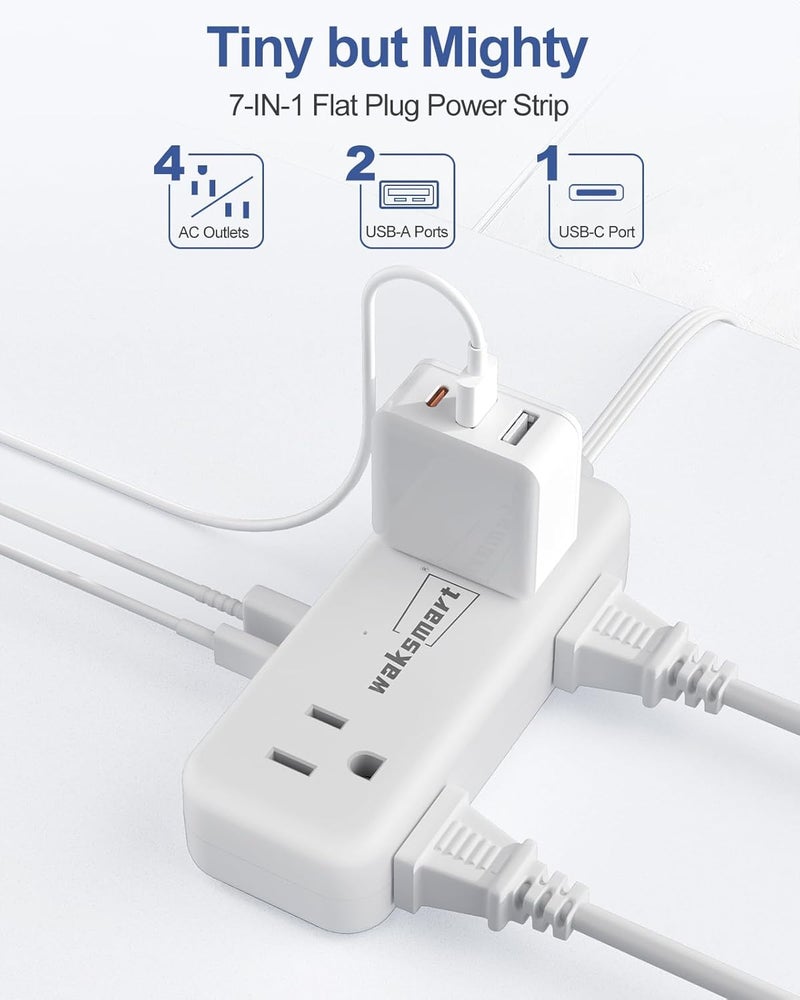 Waksmart PD20W Flat Plug Power Strip -3 Ft Flat Plug Extension Cord with 4 AC Outlets 3 Quick Charging USB Ports, Flat Outlet Wall Plug Compact for College Dorm, Travel, Home, Office Desk Accessories - Image 3